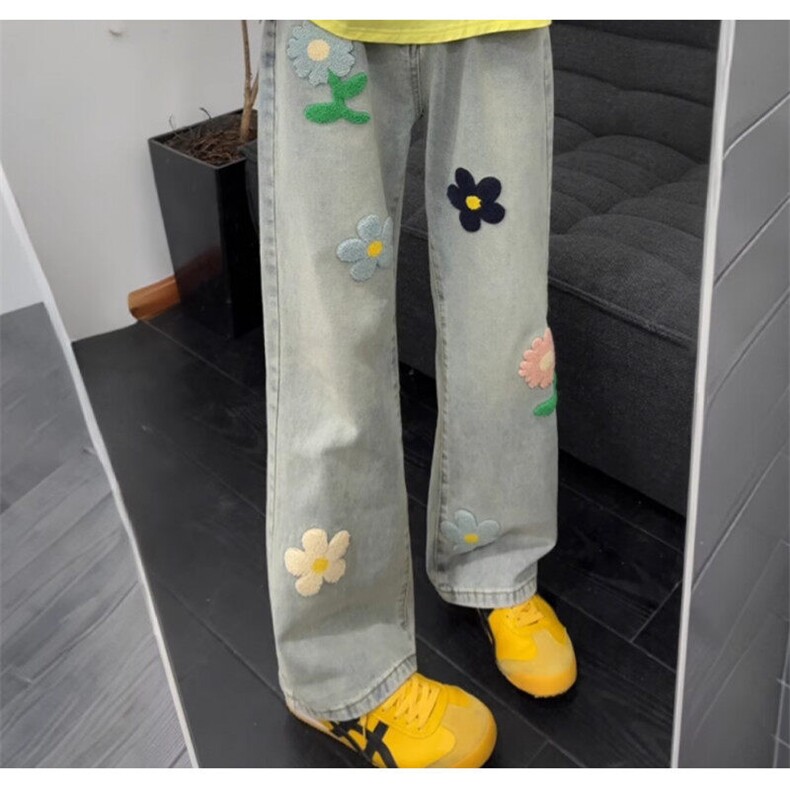 花朵刺绣微喇牛仔裤欧美嘻哈炸街裤子男女高级感设计感直筒休闲裤,男装牛仔裤,星座601-1