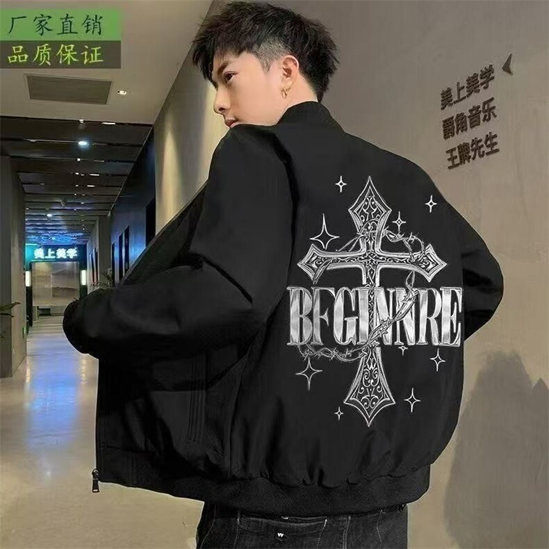 潮流美式黑色棒球服外套男2025新款秋冬季街头百搭休闲飞行员夹克,男装夹克,星座1210-1