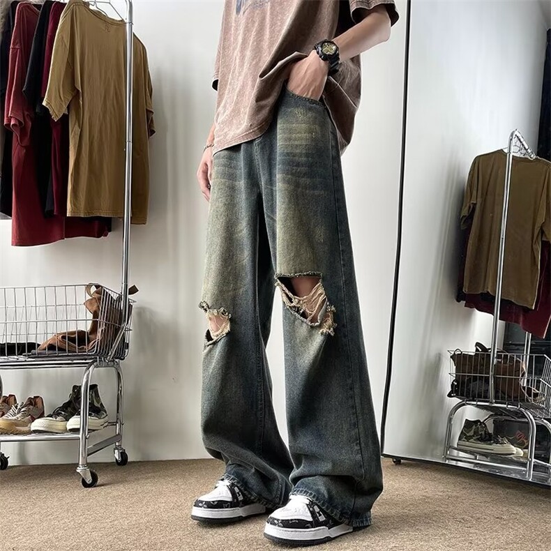 破洞牛仔裤男夏季薄款美式复古高街直筒裤B8263P42，男装牛仔裤，星座1116-2