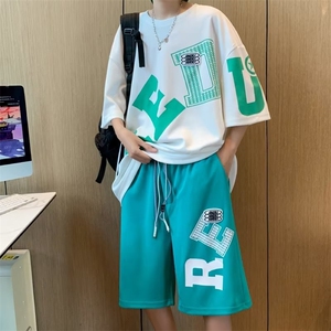 潮牌运动套装男夏季个性休闲时尚休闲帅气宽松短袖T恤短裤两件套图片