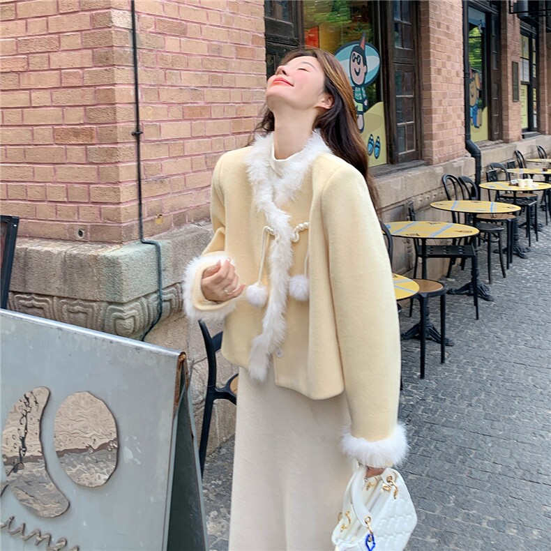 现货2D078-W6741-P195K298白毛条装饰清雅风呢大衣夹棉,女装毛呢外套,2D078