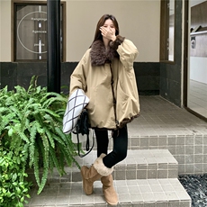 2025秋冬新款加厚复古领牛角扣短外套保暖皮毛一体双面穿女装外套，女装派克服，2C159