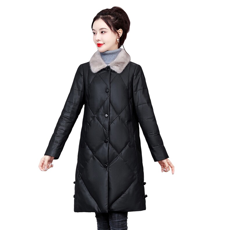PU皮衣羽绒服女中长款冬2021年新款女款黑色免洗外套,女装皮衣,浙宝281