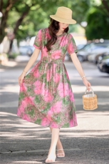 温柔甜美印花棉麻短袖连衣裙女2026夏季薄款舒适系带收腰气质长裙，女装连衣裙，倪叶myz