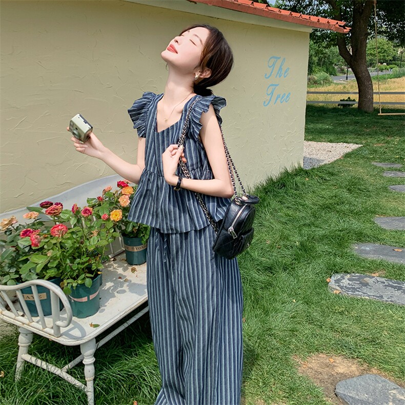 高级松弛感穿搭套装女夏2025新款小香风飞袖牛仔阔腿裤小众两件套图片