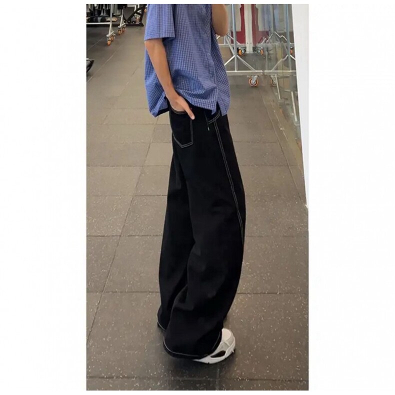 【现货】美式复古弯刀牛仔裤男黑色阔腿裤高街拖地长裤F437P33,男装牛仔裤,星座1112-1