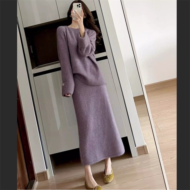 2025年秋季新款绣球紫针织套装休闲百搭，女装套装/套裙，佳弈羊绒