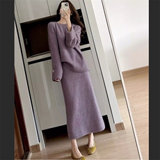 2025年秋季新款绣球紫针织套装休闲百搭，女装套装/套裙，佳弈羊绒