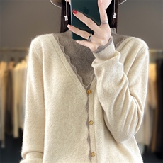 23秋冬新款100开衫女V领拼色花边宽松外套毛衣羊毛针织上衣，女装羊毛衫，朝辰羊绒