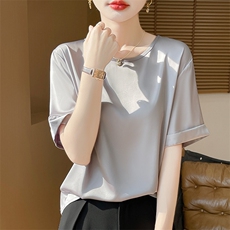 新款真丝短袖t恤女夏季醋酸缎面薄款简约宽松圆领桑蚕丝背心上衣，女装蕾丝衫/雪纺衫，朝贺羊绒