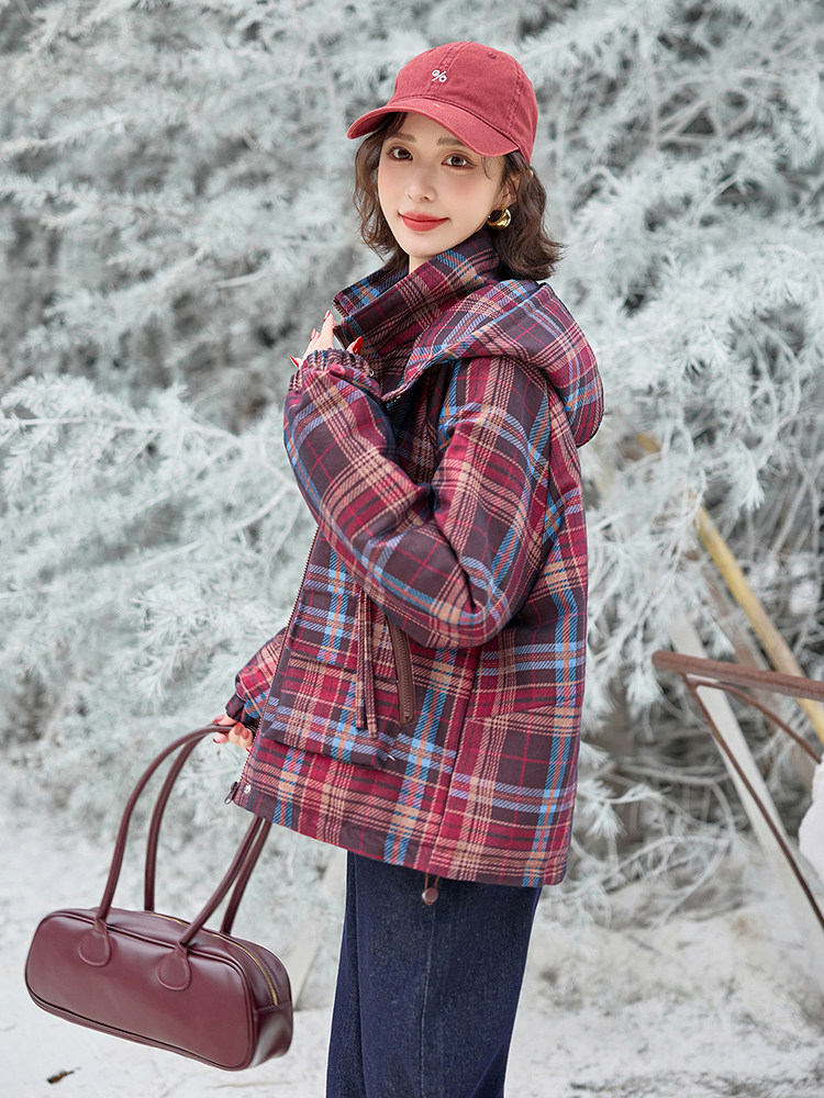 水衣源2904款牛仔格纹连帽宽松加厚加棉短款洋气时尚外套女,女装棉衣/棉服,水衣源
