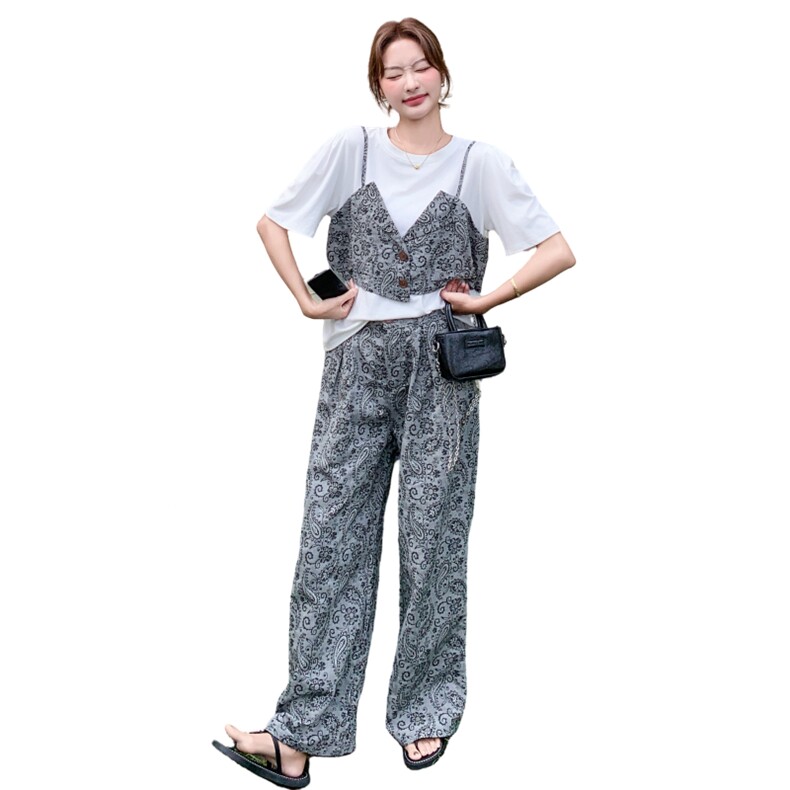 高级感淡人印花假两件T恤两件套女2025夏季甜酷风阔腿裤两件套女,女装套装/套裙,2D078