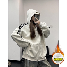 480G重磅加绒硬挺boxy男女秋冬美式高街结构三条杠卫衣开衫厚外套，女装短外套，电商A486