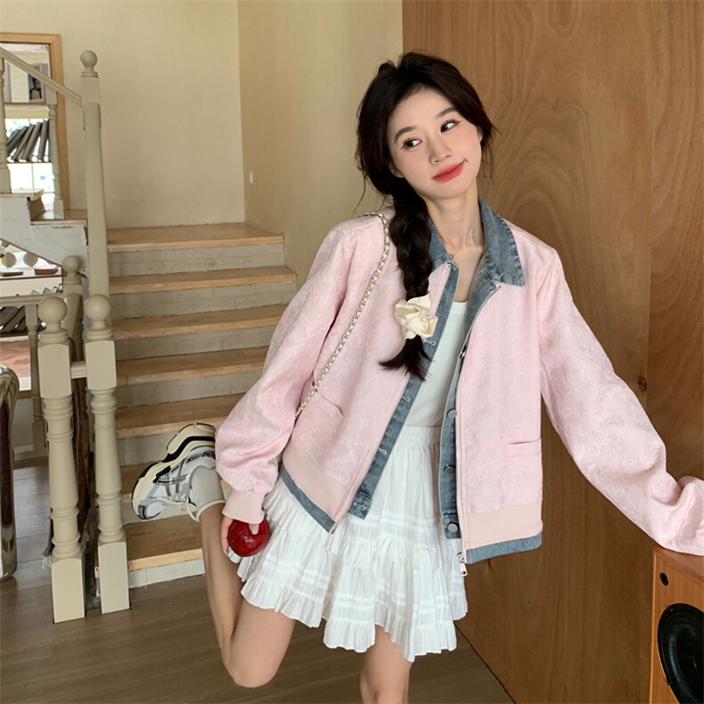 独特超火好看粉色假两件外套女春2025小众短款牛仔拼接棒球服夹克,女装短外套,多米2-075