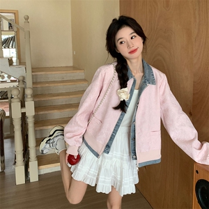独特超火好看粉色假两件外套女春2025小众短款牛仔拼接棒球服夹克图片