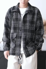新款小香风格子翻领开衫外套男潮流大码夹克外套J5282-特P60控118，男装夹克，电商A001-1