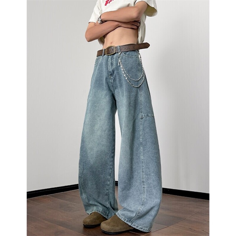 特批P40无差价夏季拼接水洗弯刀牛仔裤高街男宽松拖地阔腿裤N5310，男装牛仔裤，电商A001-1