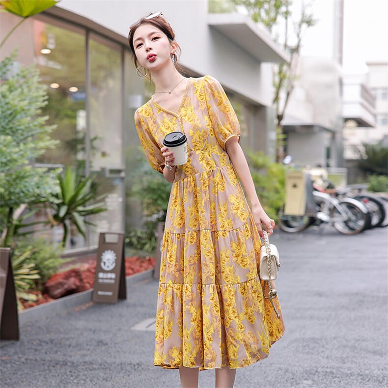 洋气减龄碎花显瘦连衣裙女2025夏季新款范遮超仙森系法式过膝长裙,女装连衣裙,难舍钰依