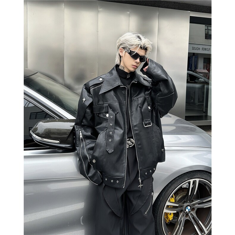 防风常规款宽松型美式高街装饰拉链翻领皮衣落肩袖长袖春秋冬，男装皮衣，星座601-2