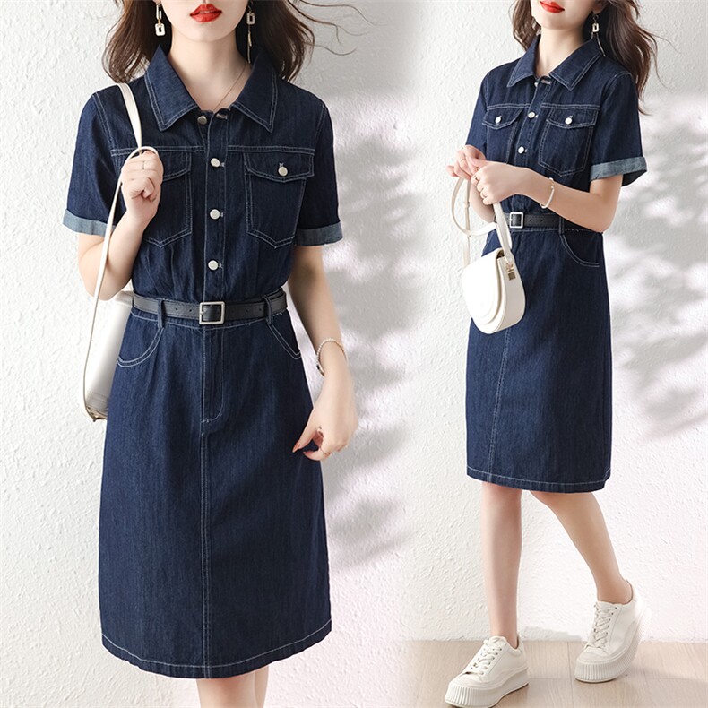 薄款牛仔衬衫连衣裙女2025年夏季新款气质收腰小个子短袖翻领裙子,女装连衣裙,沁沁公主