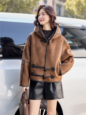 时尚休闲连帽麂皮绒皮毛一体外套女2025秋冬新款加绒加厚保暖棉衣，女装短外套，沁沁公主