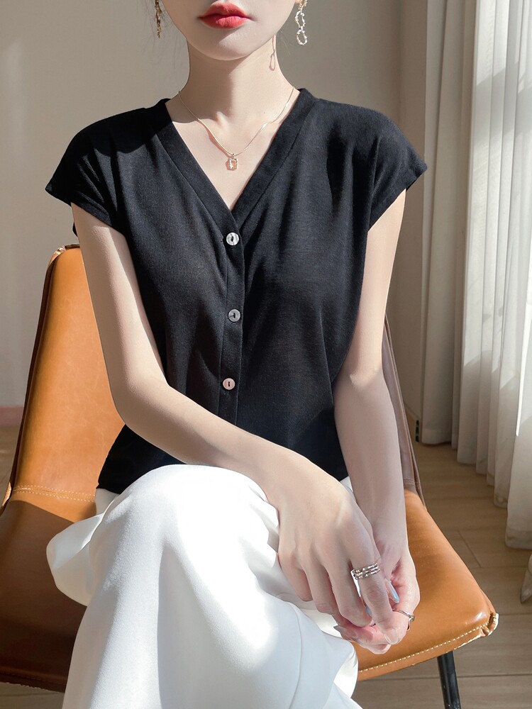 v领新款针织女无袖纯色简约百搭宽松套头上衣内开衫,针织衫/毛衣,绒宛羊绒