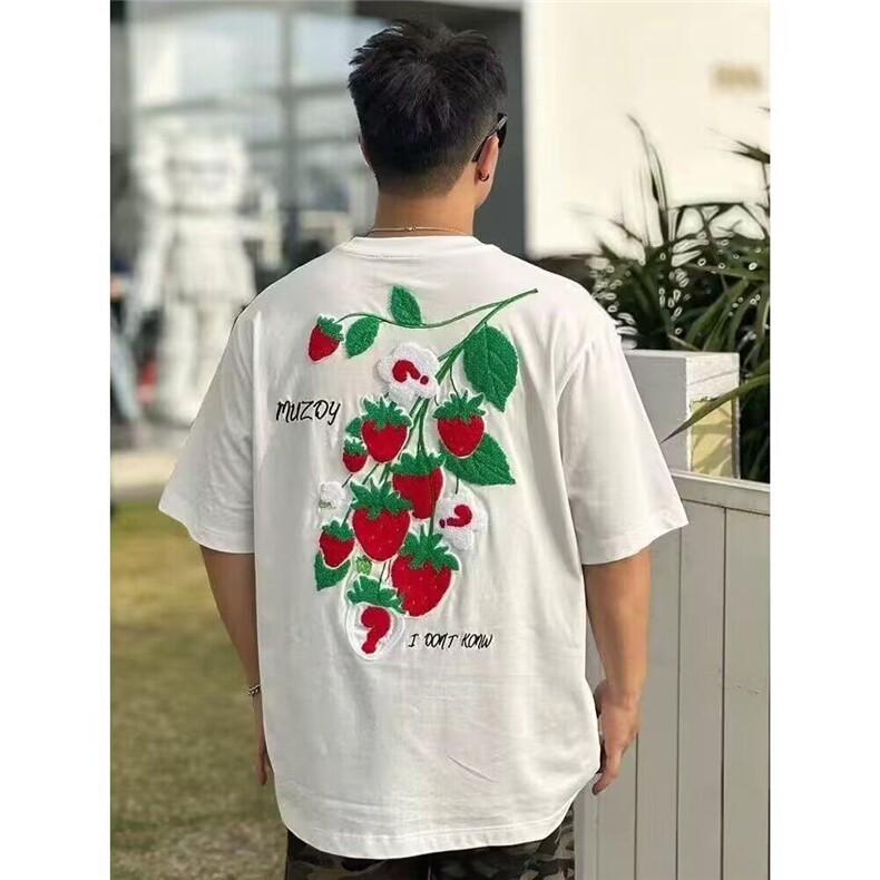 【网图现货】美式宽松草莓印花潮流T恤男T1351/P27,男装T恤,星座205-3