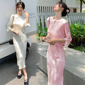 梅蓝竹菊浮雕提花新中式改良旗袍连衣裙真丝裙长裙春夏装新款图片