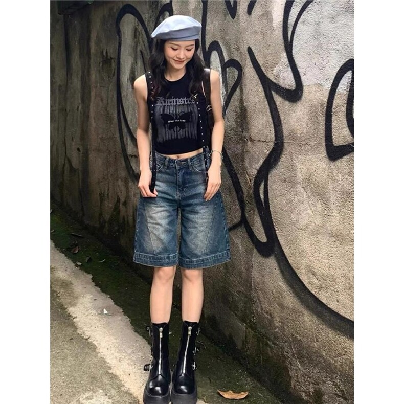 2025夏季新款复古辣妹牛仔短裤女韩版高腰设计感宽松阔腿五分中裤图片