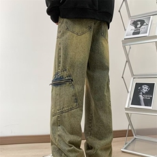 美式高街做旧牛仔长裤潮流复古水洗宽松微喇叭长裤男女7004/P50，男装休闲裤，星座506