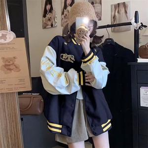 美式潮牌棒球服春秋新款撞色刺绣女高街宽松休闲小众夹克外套百搭图片