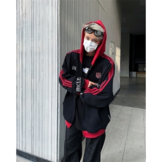 美式hiphop撞色拼接字母印花拉链连帽卫衣男女宽松运动开衫外套潮，男装卫衣，星座410-7