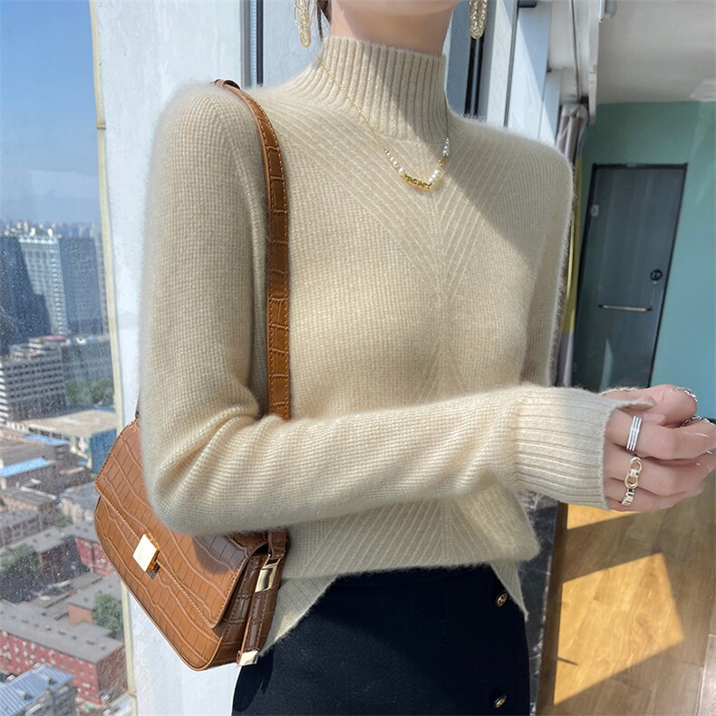 半高领纯色套头羊毛衫女2024秋冬装新款针织衫,女装羊毛衫,百越羊绒