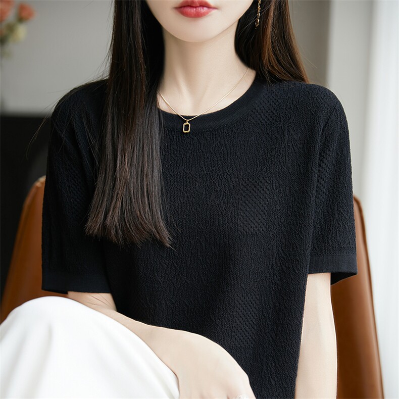 夏季圆领莱赛尔天丝五分袖针织上衣女肌理感提花短袖宽松打底T恤,女装T恤,暖烁特种纱工厂店