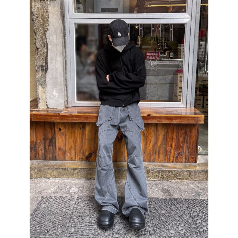 美式工装牛仔裤男女高街vibe褶皱口袋潮牌水洗直筒休闲裤K110,男装牛仔裤,星座1116A-1（原606A）