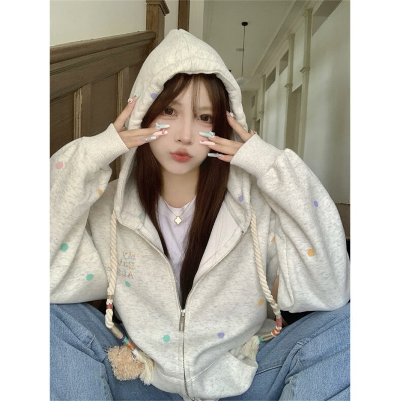 灰色连帽拉链卫衣开衫春秋季2025新款宽松oversize休闲外套上衣,女装短外套,星座601-1
