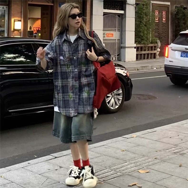 美式复古涂鸦印花格纹宽松衬衫女2025春季新款小众设计衬衣外套潮,男装衬衫,星座506A