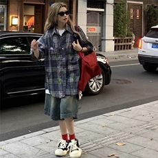 美式复古涂鸦印花格纹宽松衬衫女2025春季新款小众设计衬衣外套潮，男装衬衫，星座506A