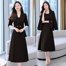 韩城.轻熟上班职业套裙2025秋女人味缎面修身西装中长吊带裙洋气,女装套装/套裙,尚娜萱