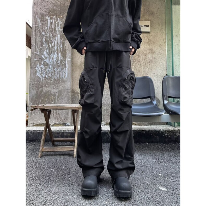 港风秋款男工装裤褶皱大口袋微喇叭机车休闲长裤H9670P55,男装休闲裤,星座1013-1
