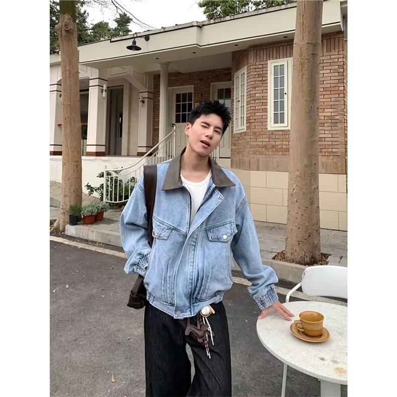 潮流时尚简约百搭日系气质慵懒原宿新款拼皮翻领褶皱水洗牛仔外套，男装工装外套，星座1210-1