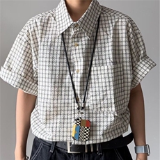 W490-P42夏季新款日系复古格子短袖衬衫男女小众设计感衬衣，男装T恤，星座911-1