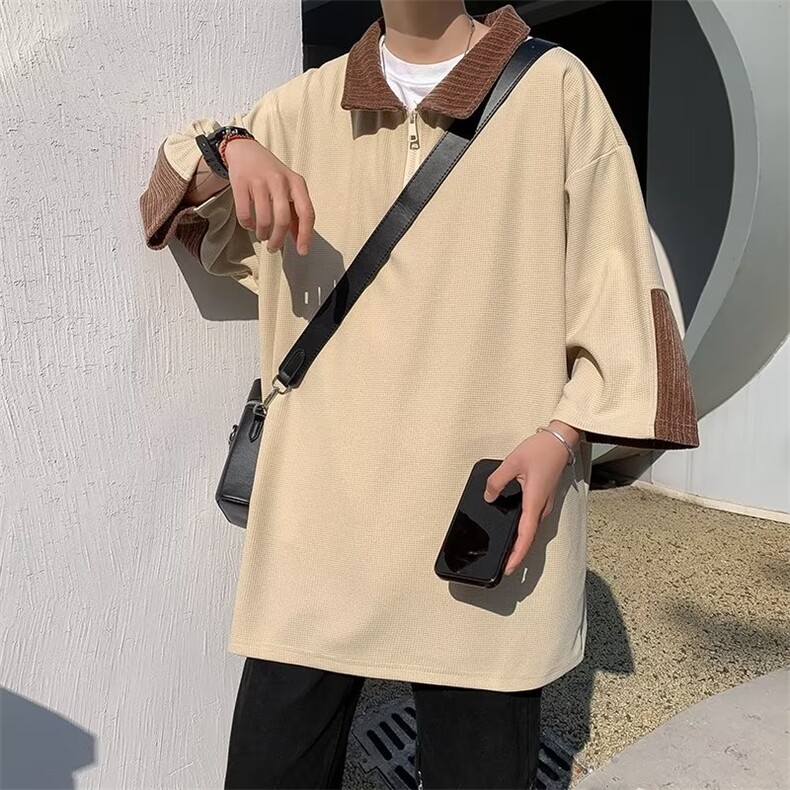 半拉链男款polo衫夏季潮牌潮流七分袖T恤美式华夫格体恤WB037-P35,男装Polo衫,星座412-3
