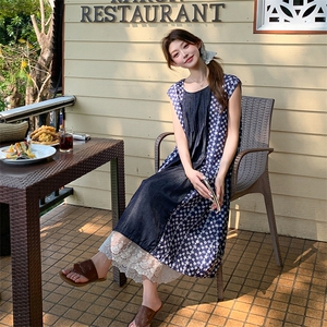 森系复古假两件碎花连衣裙女2025夏季新款宽松小个子蕾丝拼接长裙图片