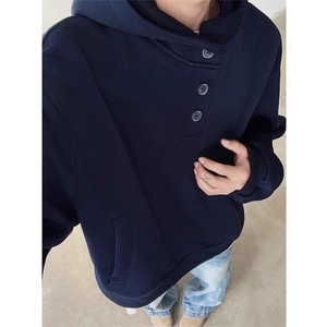 秋冬加厚美式男女纽扣连帽卫衣cleanfit宽松W80-55图片