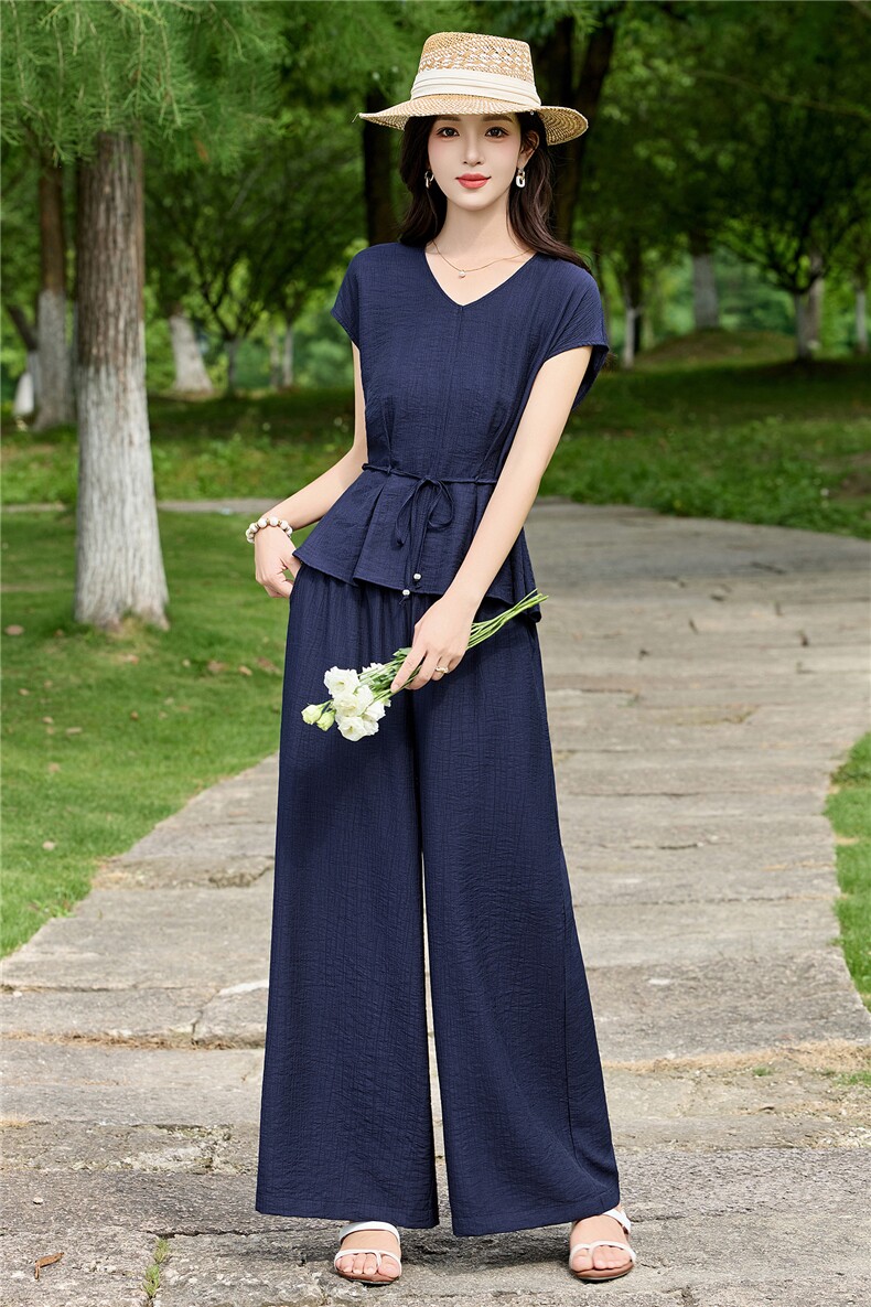 2026年夏季V领简约系带两件套套装,女装套装/套裙,盈茜