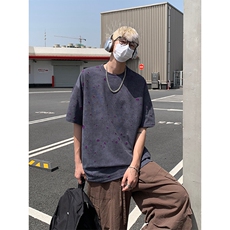 美式复古假两件破洞短袖T恤男夏季潮牌宽松大码休闲痞帅半袖体恤，男装T恤，电商A007