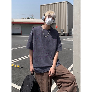 美式复古假两件破洞短袖T恤男夏季潮牌宽松大码休闲痞帅半袖体恤图片