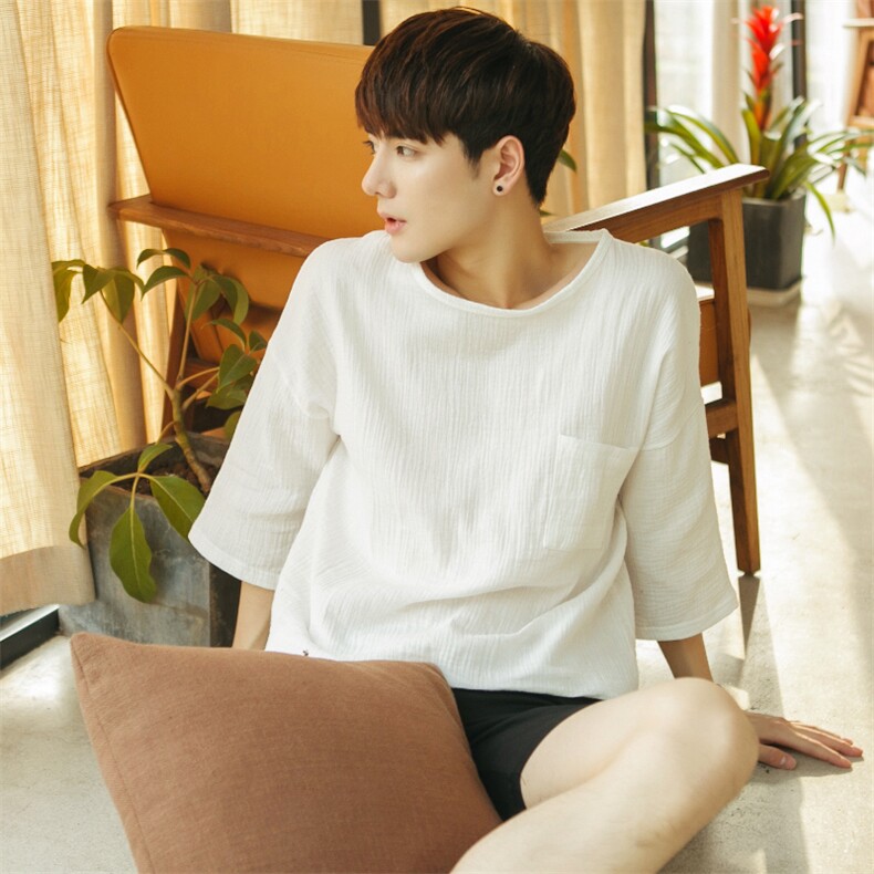 夏季新品棉麻五分袖大圆领休闲男衣1807~Q01~P28，男装T恤，星座1807