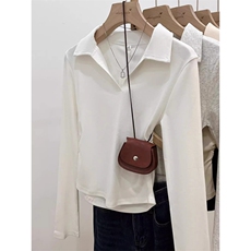 QC022-P45韩系上衣秋季抽褶收腰设计polo领长袖短款别致正肩t恤，女装卫衣/绒衫，星座617A-2